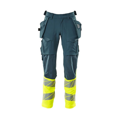 Pants with hanging pockets, ULTIMATE STRETCH pants, dark petroleum/hi-vis yellow