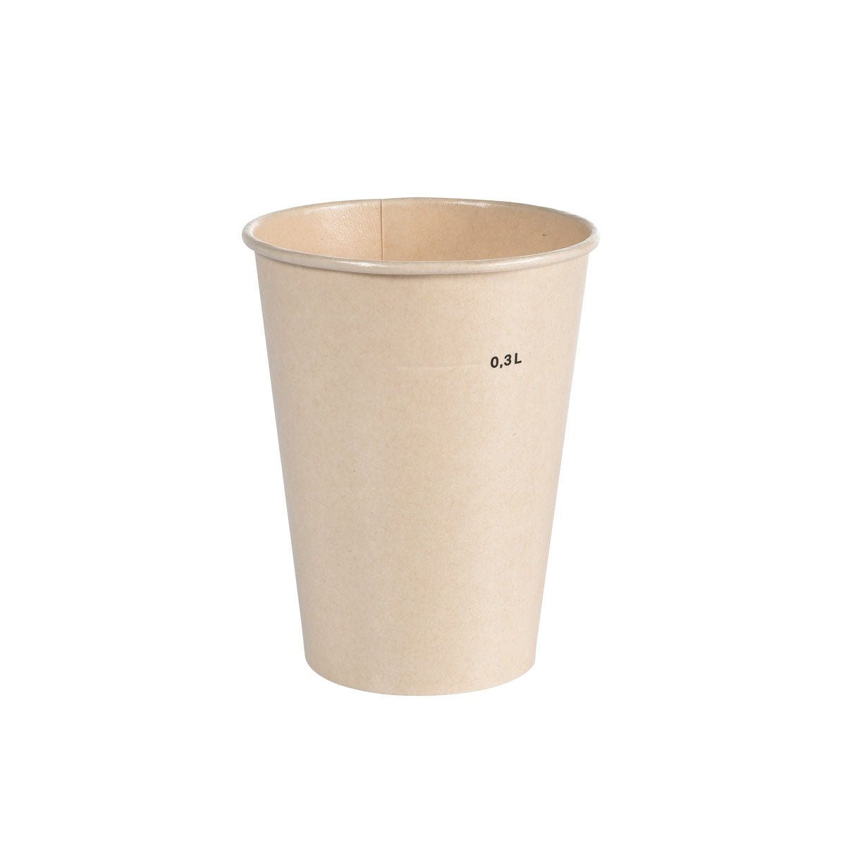 Ausschakbecher Breeze Cup Bagasse von Duni GmbH: Un simple vaso marrón claro con la inscripción "0.3L", de pie sobre un fondo blanco: el vaso desechable ecológico para un disfrute sostenible.