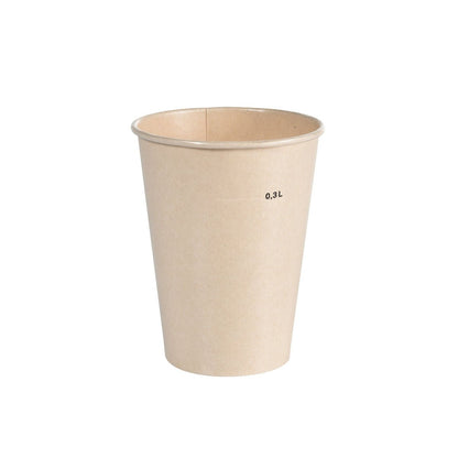 Ausschakbecher Breeze Cup Bagasse von Duni GmbH: Un simple vaso marrón claro con la inscripción "0.3L", de pie sobre un fondo blanco: el vaso desechable ecológico para un disfrute sostenible.