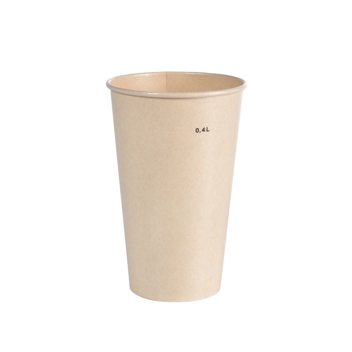 Ausschakbecher Breeze Cup Bagasse von Duni GmbH: un simple vaso beige de 0,4L, ecológico e ideal para un disfrute sostenible, de pie sobre un fondo blanco.