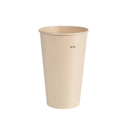 Ausschakbecher Breeze Cup Bagasse von Duni GmbH: un simple vaso beige de 0,4L, ecológico e ideal para un disfrute sostenible, de pie sobre un fondo blanco.