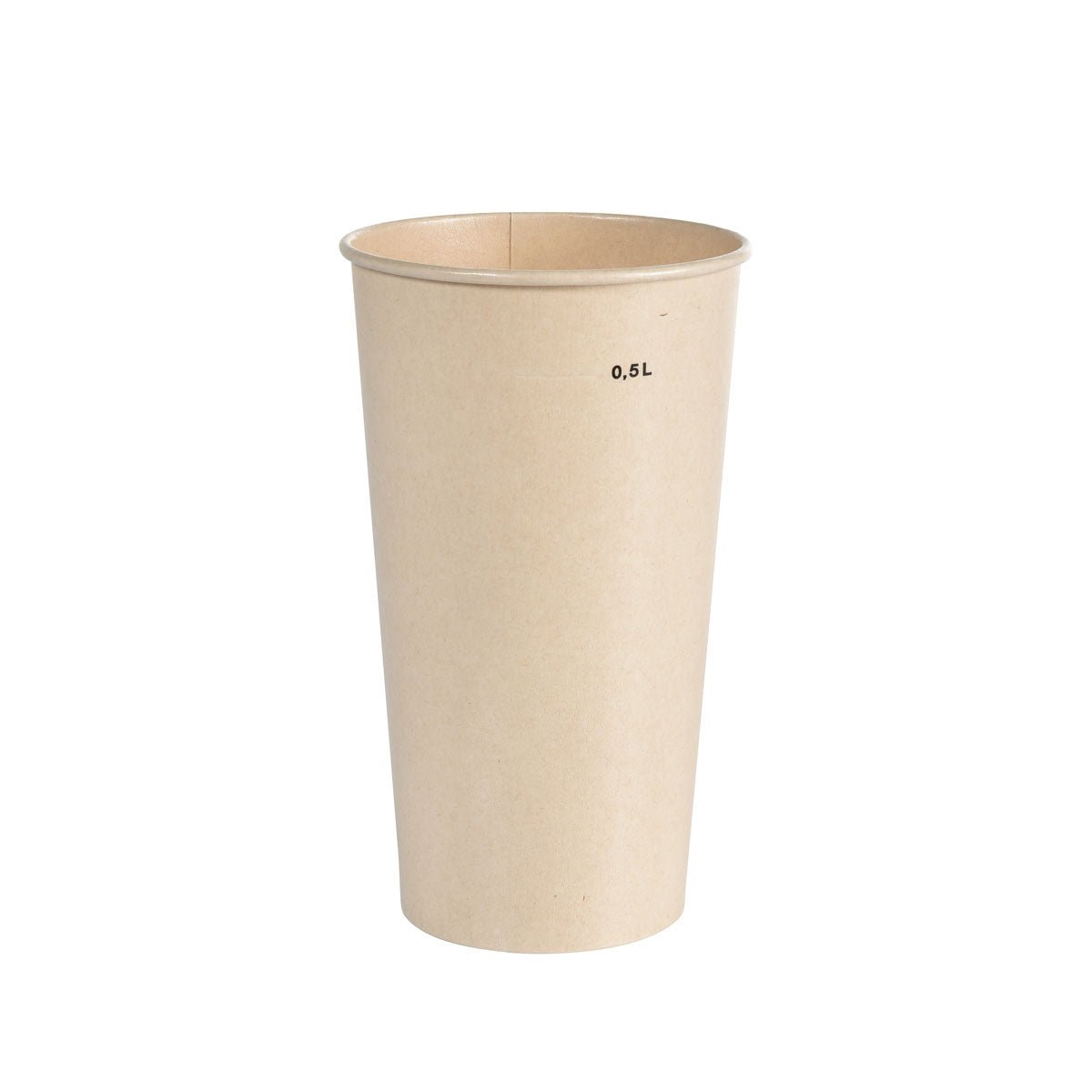 Ausschakbecher Breeze Cup Bagasse von Duni GmbH, un vaso de papel alto y marrón claro de 0,5L sobre un fondo blanco, biodegradable e ideal para un uso consciente del medio ambiente.