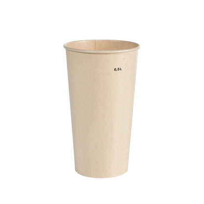 Ausschakbecher Breeze Cup Bagasse von Duni GmbH, un vaso de papel alto y marrón claro de 0,5L sobre un fondo blanco, biodegradable e ideal para un uso consciente del medio ambiente.