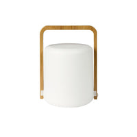 The Duni GmbH LED Bamboo Candle Holder - Stylish Sibling Decorator (1 piece) is a white cylindrical lamp with a rounded top and a rectangular bamboo handle on both sides, shown against a plain white background.