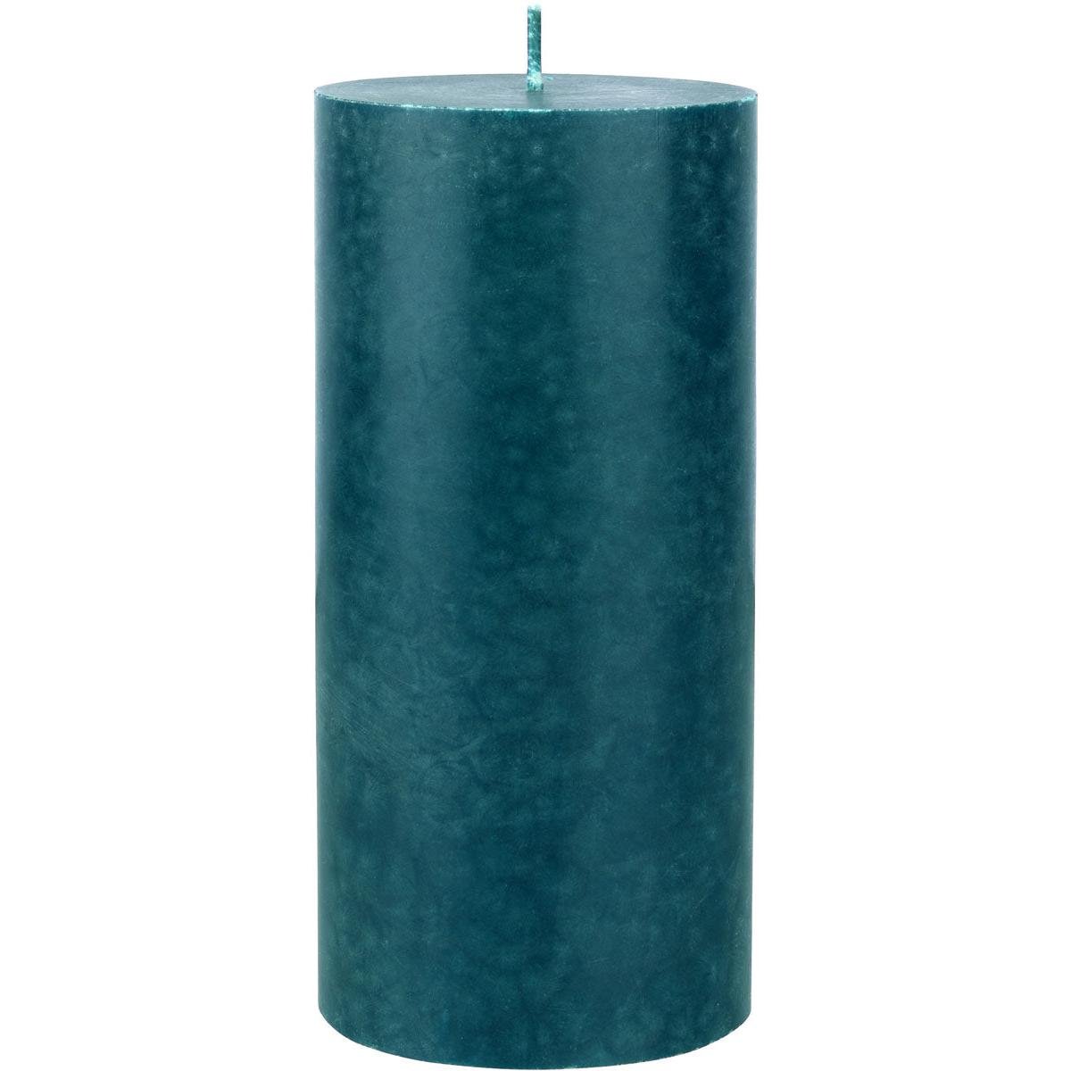 The Duni GmbH pillar candles (100% stearin, approx. 50h, 150 x 70 mm) is a tall, dark green, cylindrical candle with a smooth, marbled surface, a flat top, a single wick, and an eco-friendly design, displayed upright on a white background.
