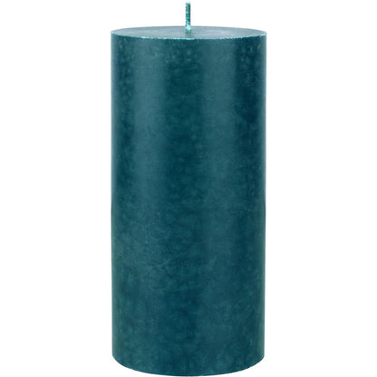 The Duni GmbH pillar candles (100% stearin, approx. 50h, 150 x 70 mm) is a tall, dark green, cylindrical candle with a smooth, marbled surface, a flat top, a single wick, and an eco-friendly design, displayed upright on a white background.