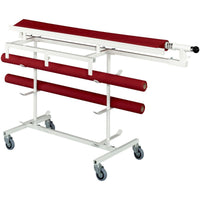 The Duni GmbH Saaleindecker - Roll Holder | 1 Roll is a white metal cart with a red lid, handle, hooks, and supports—perfect for organizing and distributing a roll at events or when setting up long rows of tables.
