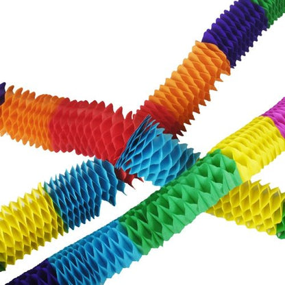 The PAPSTAR 4 garlands from PAPSTAR GmbH are textured, accordion-style paper garlands in red, orange, yellow, green, blue, and purple. Diagonally interwoven on a white background, they are reusable and add a festive touch to any celebration.