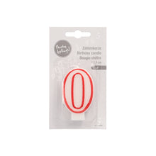 The number candle 7.3 cm from PAPSTAR GmbH in white with a red edge is a birthday candle in the shape of the number (0), packaged with German, English, and French labeling - ideal for birthdays and anniversaries. The packaging is in light gray and white colors.