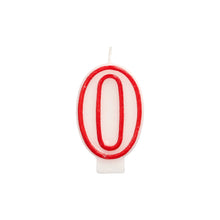 The PAPSTAR number candle 7.3 cm in white with a red edge from PAPSTAR GmbH in the shape of the number zero is ideal for birthdays and anniversaries. Photographed on a plain white background.