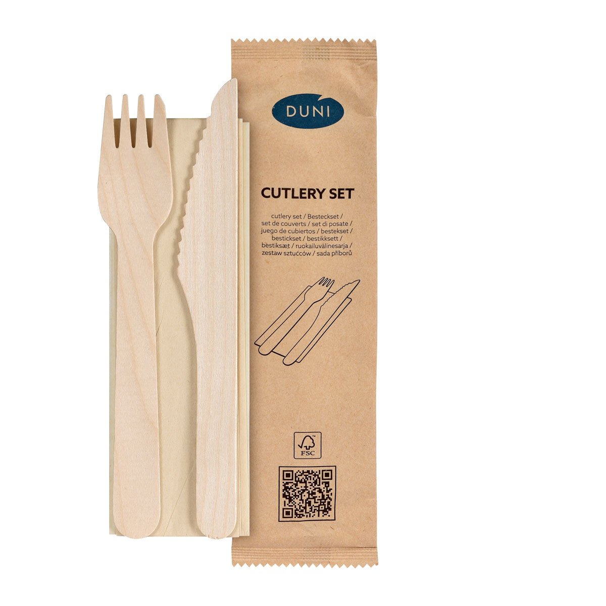 El juego de cubiertos 3/1 de madera de Duni GmbH con tenedor, cuchillo y servilleta marrón encerada natural (160x160 mm) está disponible en un paquete de 250 unidades - ideal para un disfrute sostenible.