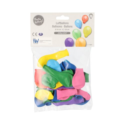 Una bolsa transparente de PAPSTAR GmbH contiene 25 globos de 16 cm clasificados en los colores azul, verde, amarillo y rosa. La etiqueta muestra "¡Ambiente de fiesta!", texto multilingüe e ilustraciones para PAPSTAR globos Ø 16 cm.