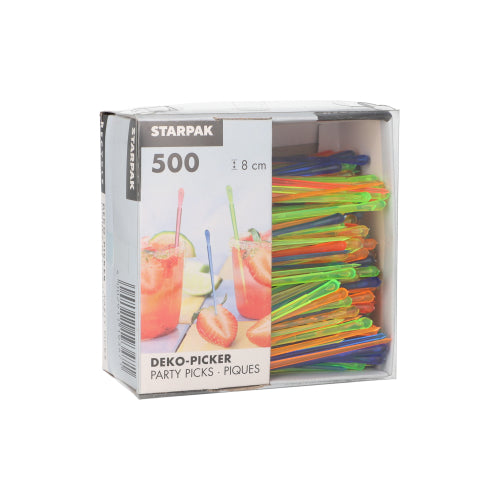 Boksen "PAPSTAR dekorasjonsplukkere 'Drop' 8 cm, fargerikt sortert for fester" fra PAPSTAR GmbH inneholder 500 fargerike festplukkere i en pappskål - ideell for å dekorere drinker og fingermat på enhver fest.