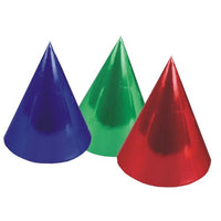 Three PAPSTAR Assorted-color "Metallic" cones from the PAPSTAR GmbH are arranged side by side in blue, green, and red. Their shiny, reflective surface is perfect for adding a festive touch to any party decoration. The bag contains 6 pieces.