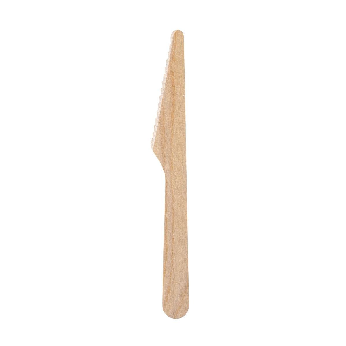 Pictured is a Silva 185 mm knife from Duni GmbH with a serrated edge and visible light wood grain (waxed natural wood, pack of 100 pieces) against a white background.
