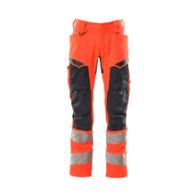 Pantalón con bolsillos en las rodillas y aplicaciones elásticas, rojo alta visibilidad/negro-azul