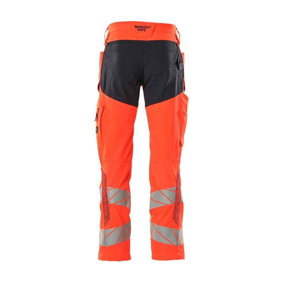 Trousers with knee pockets, stretch inserts trousers, hi-vis red/black-blue