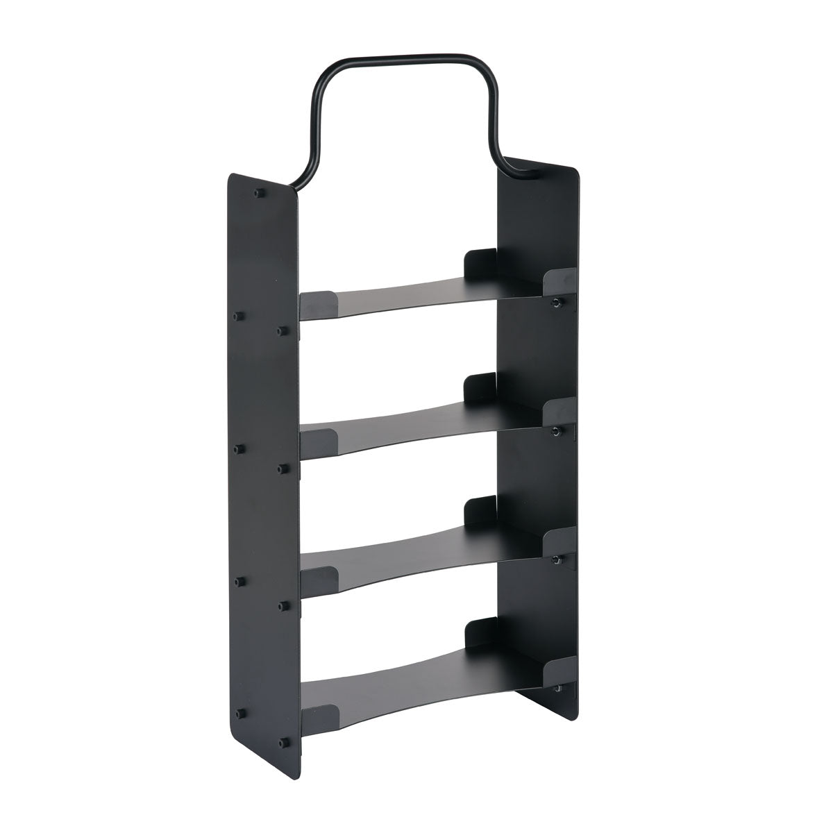 A black metal shelf with four shelves and a handle on the top, distinguished by its massive, rounded sides - perfect for storing items like the Duni GmbH LED charging station for 4 sets with a movable flame for decorative purposes.
