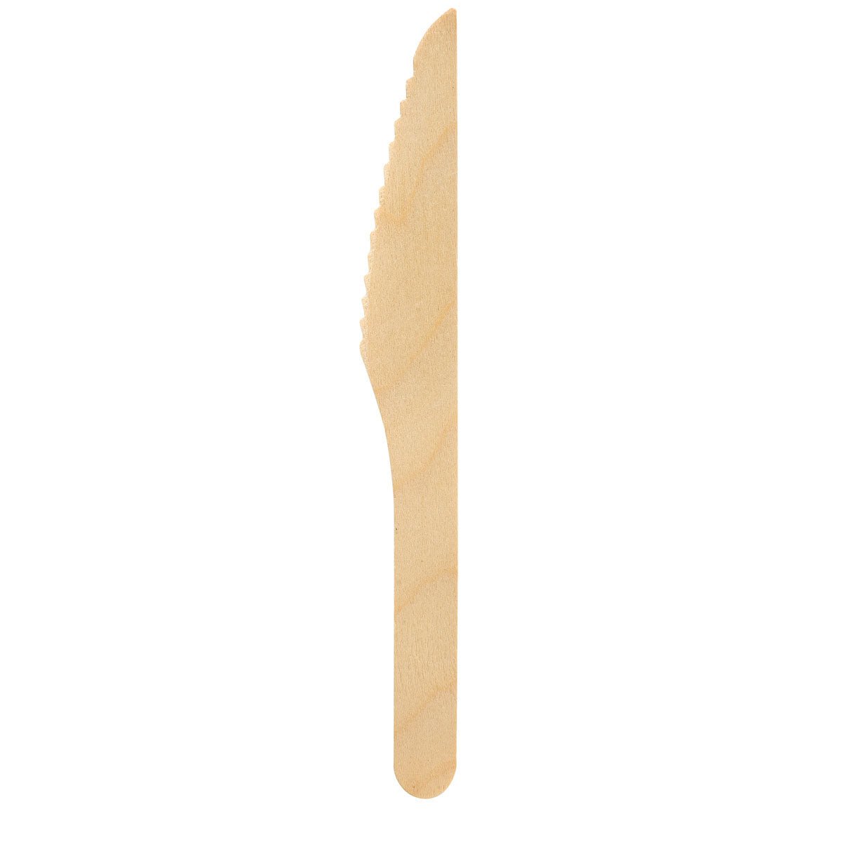 A biodegradable, environmentally friendly disposable knife "Knife 165 mm, waxed wood" from Duni GmbH with a flat handle and serrated edge, presented on a white background. The package contains 100 pieces.