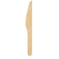 A biodegradable, environmentally friendly disposable knife "Knife 165 mm, waxed wood" from Duni GmbH with a flat handle and serrated edge, presented on a white background. The package contains 100 pieces.