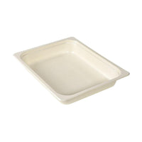 A beige Duni GmbH Fibretray 1/2 GN natural wood fiber tray (325x265x52 mm), rectangular with rounded corners and slightly raised edges, photographed on a white background—ideal as sustainable packaging. Package: 140 pieces.
