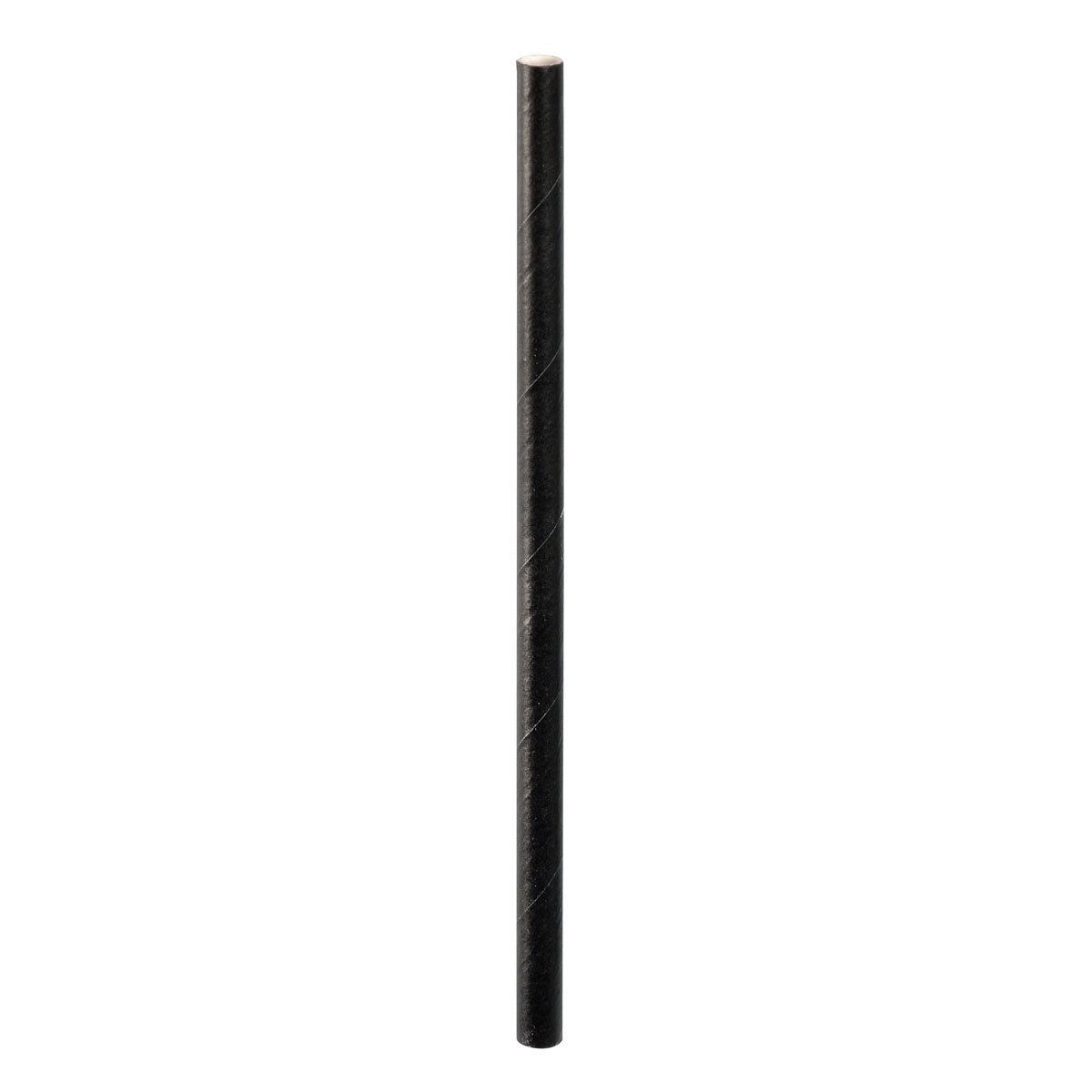 A single black, matte cylindrical "drinking straw made of FSC® paper ø 6 mm, 150 mm" from Duni GmbH (package: 100 pieces) stands vertically against a white background.