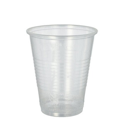 Un vaso transparente Starpak 20 (PP, 0,3l, Ø 9,5 cm · 11,1 cm) con borde de espuma acampanado y ranuras de agarre horizontales está representado sobre un fondo blanco simple. Entrega en paquete de 20 con envoltura retráctil.