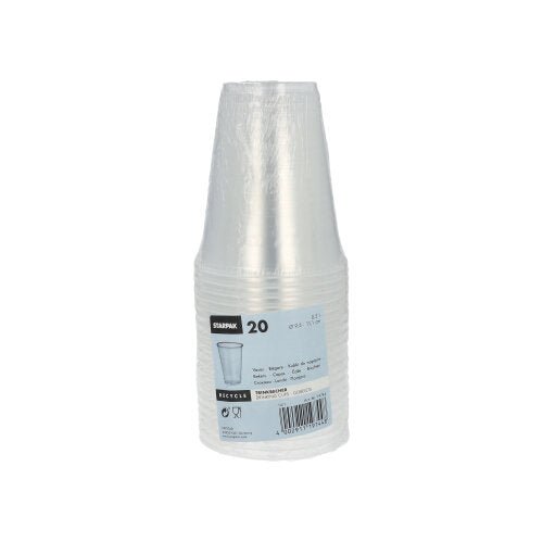 Una pila de 20 vasos transparentes de polipropileno Starpak (0,3 l, Ø 9,5 cm, 11,1 cm) con borde de espuma está envuelta en envoltura retráctil y lleva la marca Starpak, una imagen del vaso, información del producto, detalles del borde de espuma y un código de barras.