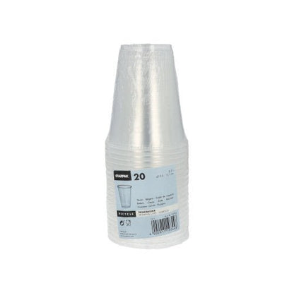 Una pila de 20 vasos transparentes de polipropileno Starpak (0,3 l, Ø 9,5 cm, 11,1 cm) con borde de espuma está envuelta en envoltura retráctil y lleva la marca Starpak, una imagen del vaso, información del producto, detalles del borde de espuma y un código de barras.