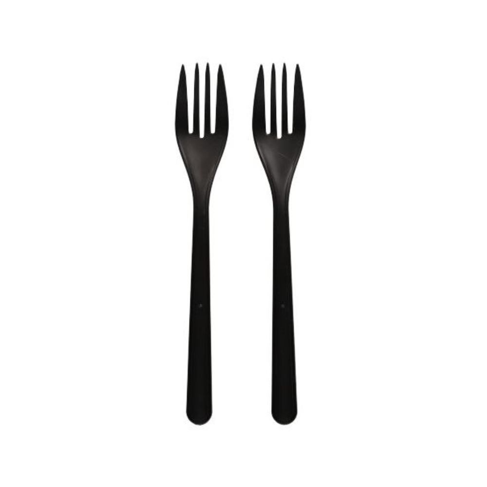 Two Circulware by Haval forks (reusable) PP 18.5 cm black extra sturdy stand upright in front of a plain white background. Each has four tines and an identical design, emphasizing their durability and suitability as recyclable forks for repeated use.