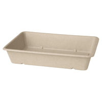 The Classic Box 1200 ml - uncoated brown bagasse 230x155x46 from Duni GmbH is a beige, rectangular, compostable tray with slanted sides and a flat bottom—the ideal eco-friendly packaging solution for your needs. Package size: 40 pieces.