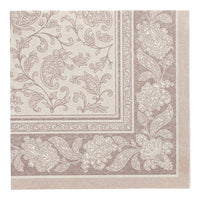 The 40 x 40 cm square napkin from the ROYAL collection of the PAPSTAR The "mocca" color GmbH features an ornate floral and paisley pattern with a matching decorative border. The package contains 50 napkins, each conveniently folded into quarters.