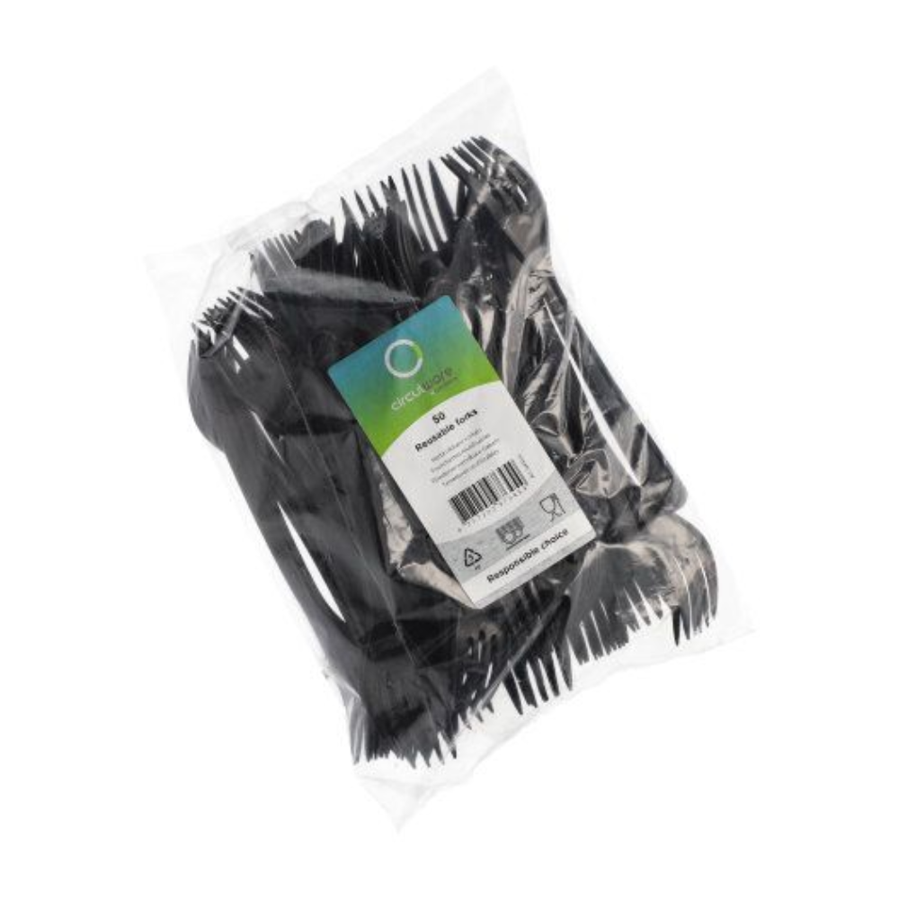 The image shows a transparent plastic bag with several black disposable forks from Circulware by Haval. The bag has a green and white label with recycling symbols, indicating that the forks are "recyclable forks" and are compostable, which is both practical and sustainable.