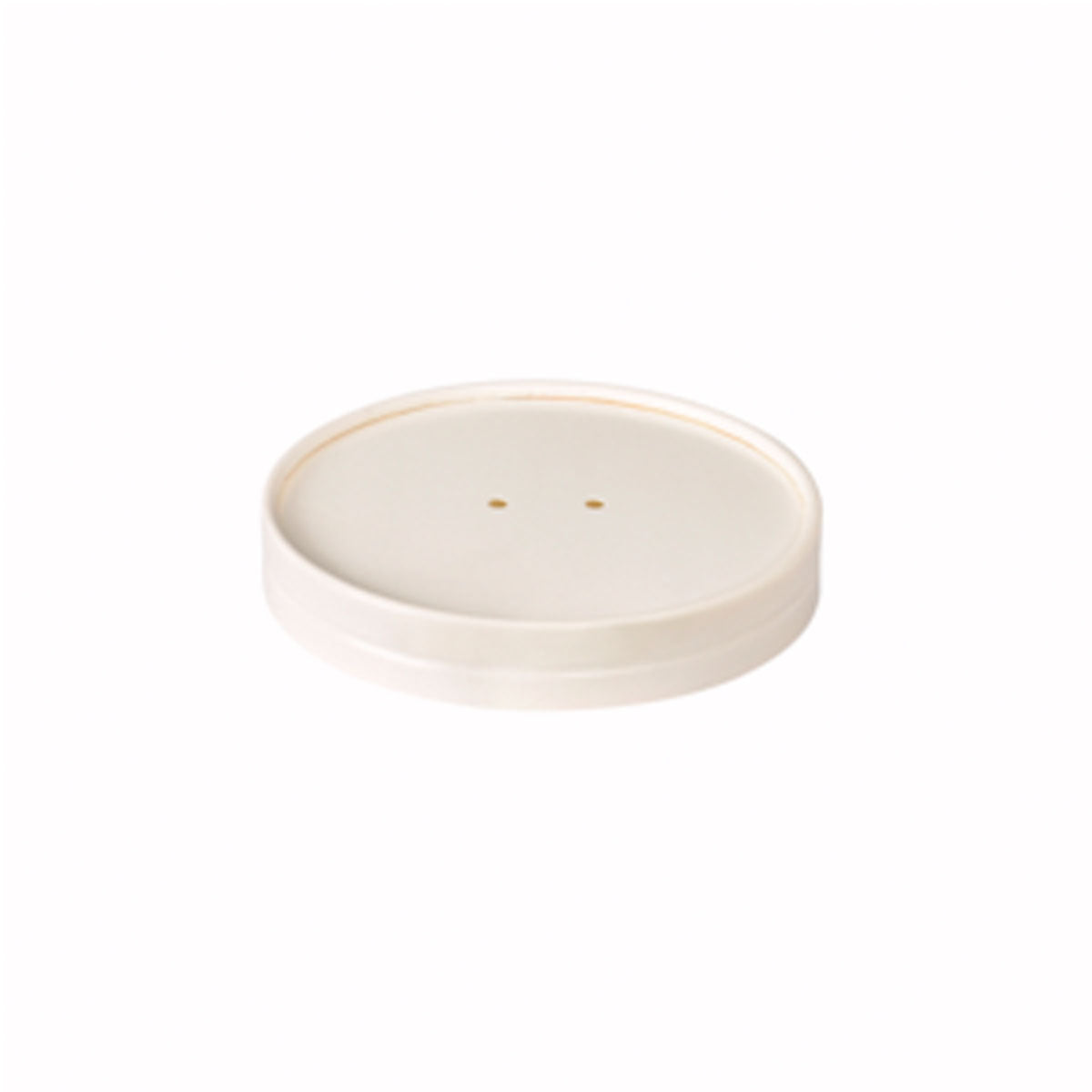 Ein runder, flacher, cremefarbener Coppa Deckel Karton 250/350 ml Weiß von Duni GmbH (116x116x10 mm, 50 Stück) mit zwei kleinen Löchern in der Nähe der Mitte ist auf einem schlichten weißen Hintergrund abgebildet.