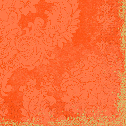 Die Zellt Servietten 40x40 cm, 3-lagig, Royal Sun Orange von Duni GmbH zeichnen sich durch einen ornamentalen, orangefarbenen Blumendamast mit strukturierten Rändern im Vintage-Stil aus. Jede Packung enthält 250 elegante Servietten, ideal, um Ihrem gedeckten Tisch Charme zu verleihen.