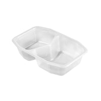 The HMR 2 Transparent PP 215x148x50 container from Duni GmbH is a transparent food container with two compartments, shown empty against a white background. Available in packs of 312.