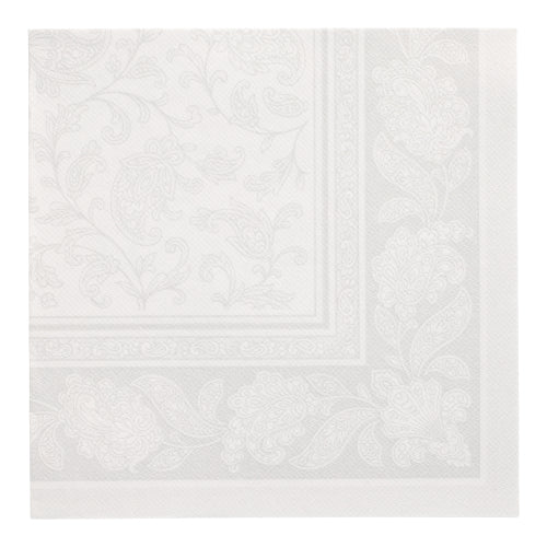 Oversikt over en hvit PAPSTAR 20 servietter "ROYAL Collection" 1/4-fals serviett (40x40 cm) fra PAPSTAR GmbH med preget blomster- og paisleykant på hvit bakgrunn.