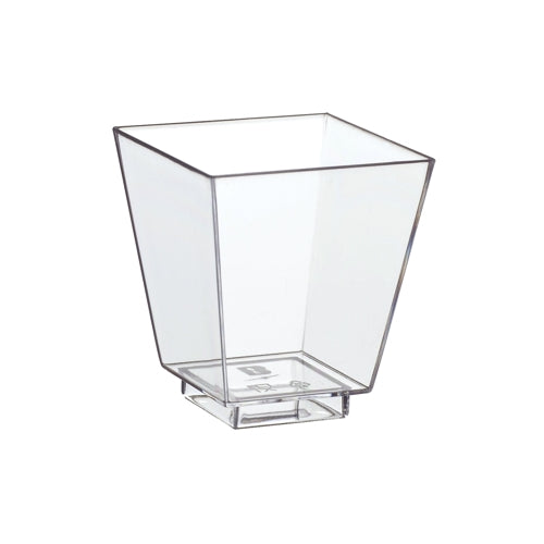 The Starpak 50 finger food bowls, PS clear, are clear, square plastic cups with a wide rim and narrow base – perfect for stylish events or as a finger food bowl. Brand: Starpak. Photographed against a white background.