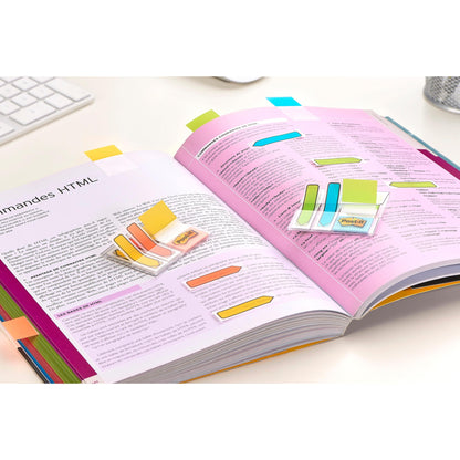 Ein aufgeschlagenes Buch mit farbigen Post-it® Index Strong Ablagetabs, Mini (Blau, Violett, Rosa und Gelb) von 3M Deutschland GmbH markiert wichtige HTML-Abschnitte. Eine Tastatur und ein Stifthalter auf einem weißen Schreibtisch deuten auf effiziente Dokumentenorganisation hin.