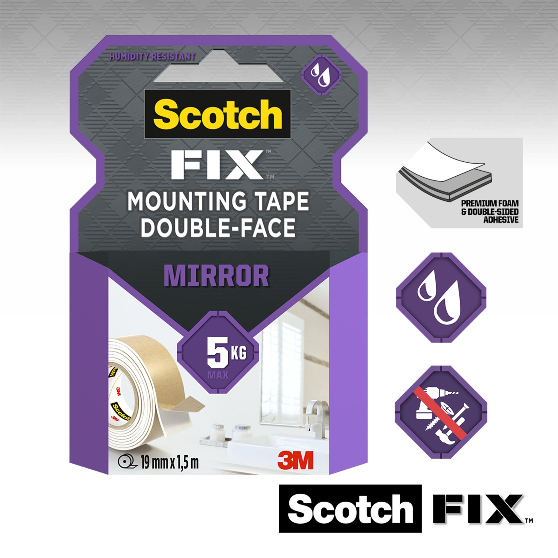 Verpackung für 3M Deutschland GmbH Scotch-FIX™ Spiegelmontageband 4496W (doppelseitig), hält bis zu 5 kg, Maße: 19 mm x 1,5 m. Mit Icons für Feuchtigkeitsresistenz und starke Haftung, Markenlogos sichtbar.