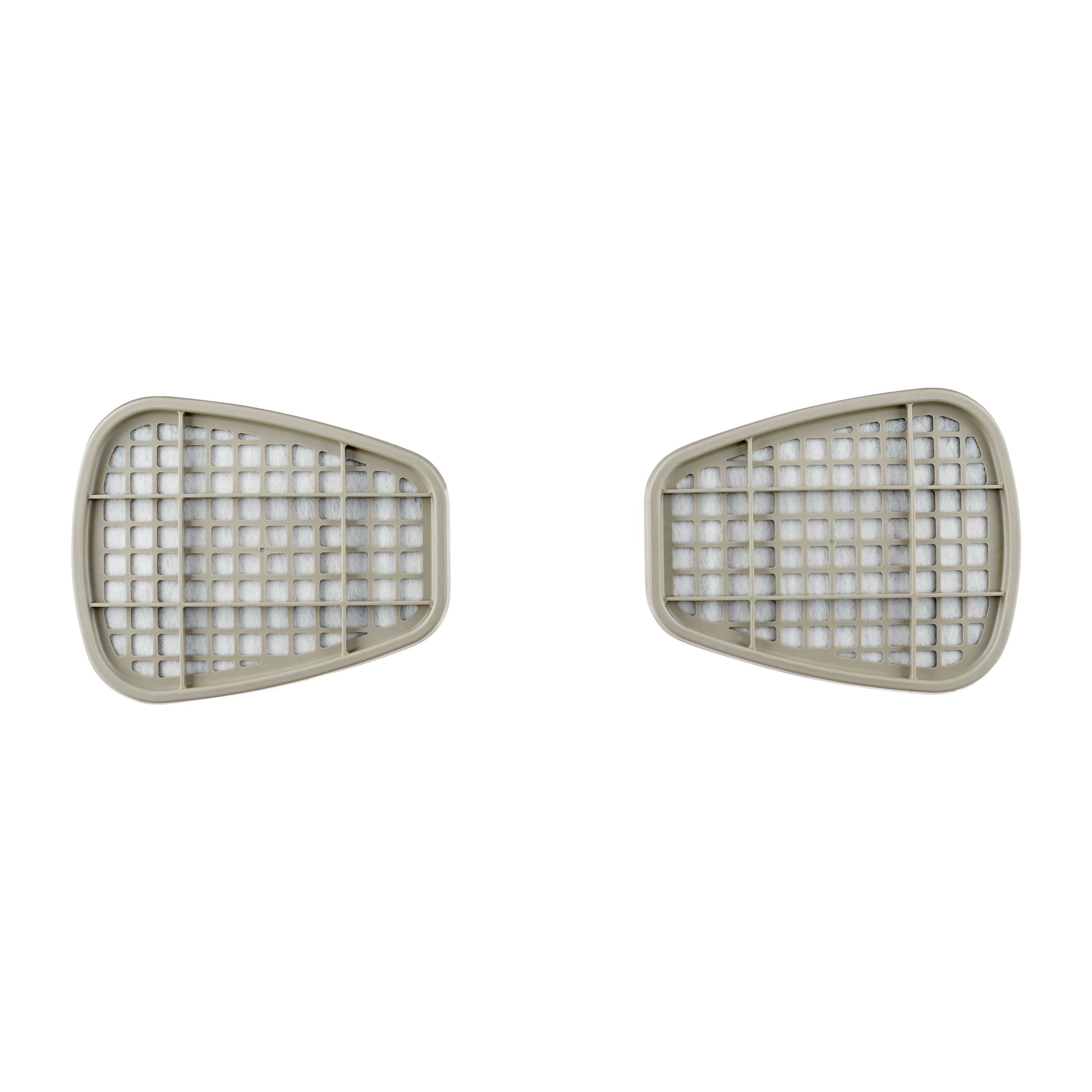 Zwei identische, beigefarbene, gitterförmige Filterabdeckungen aus Kunststoff, die mit der 3M™ Filterpatrone 6059 ABEK1-Kombinationsfilter (1 Paar/Packung) von 3M Deutschland GmbH kompatibel sind, sind nebeneinander vor einem weißen Hintergrund platziert.