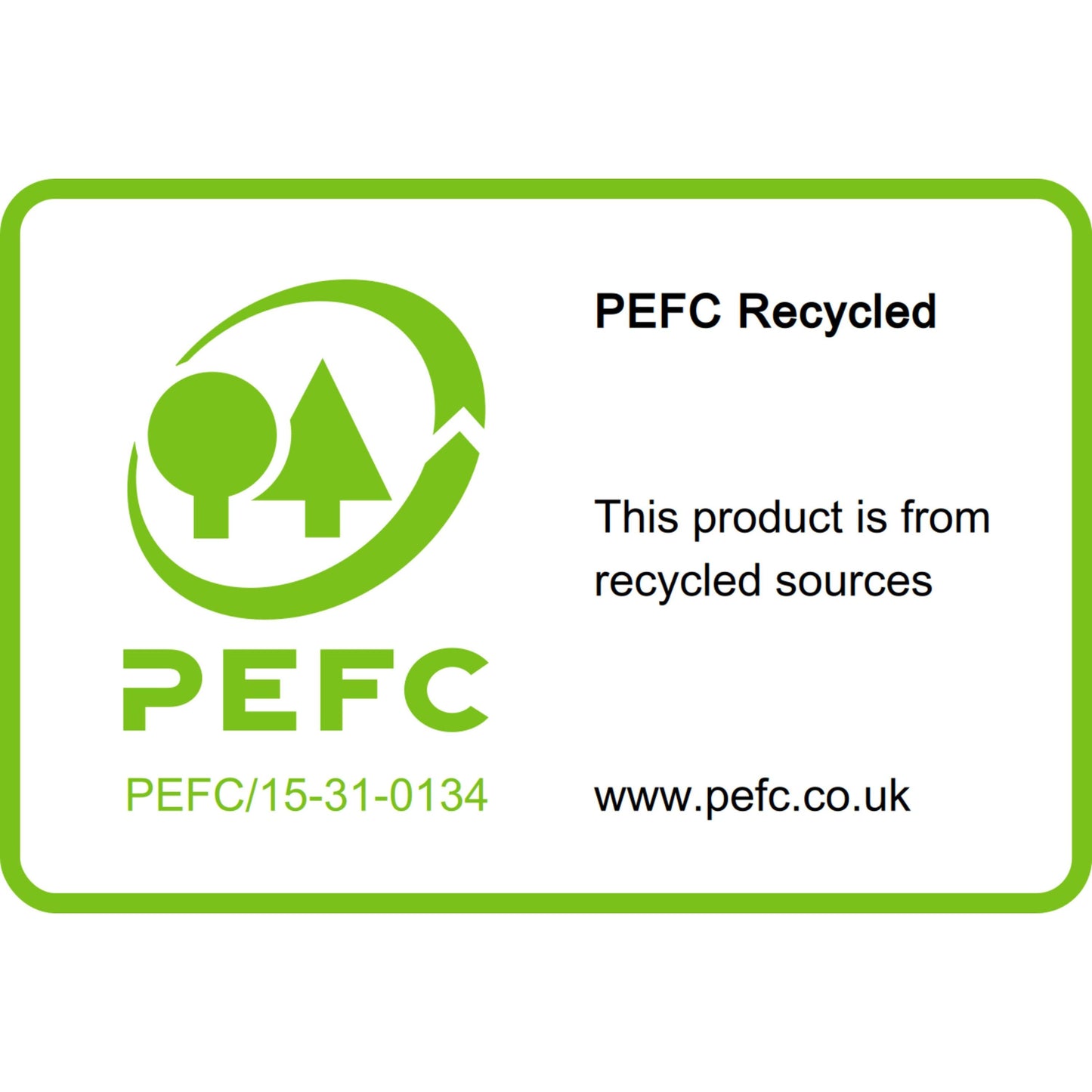 Ein rechteckiges Etikett für 3M Deutschland GmbH Post-it® Recycling Notes (76mm x 76mm, 100 Blatt/Block, 100% PEFC) zeigt das PEFC-Logo, "PEFC Recycled", "Dieses Produkt ist aus recycelten Quellen", "PEFC/15-31-0134" und "www.pefc.co.uk.