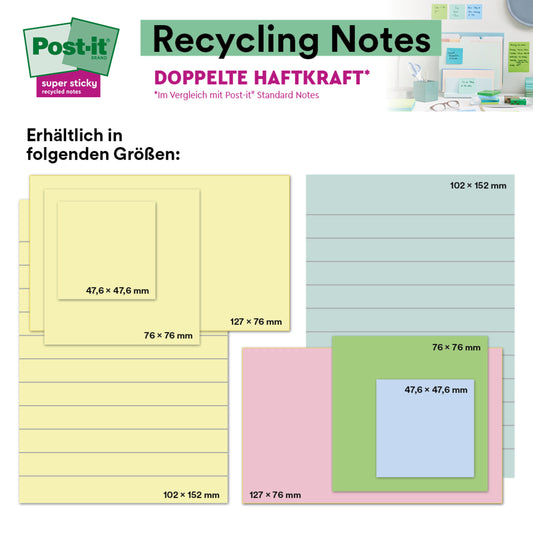 Eine Grafik zeigt 3M Post-it® Super Sticky 100% Recycling Notes (102 x 152 mm, liniert, verschiedene Farben, 45 Blatt/Block, 4 Blöcke/Packung, PEFC-zertifiziert) im Einsatz. Oben links: Post-it-Logo. Text auf Deutsch.