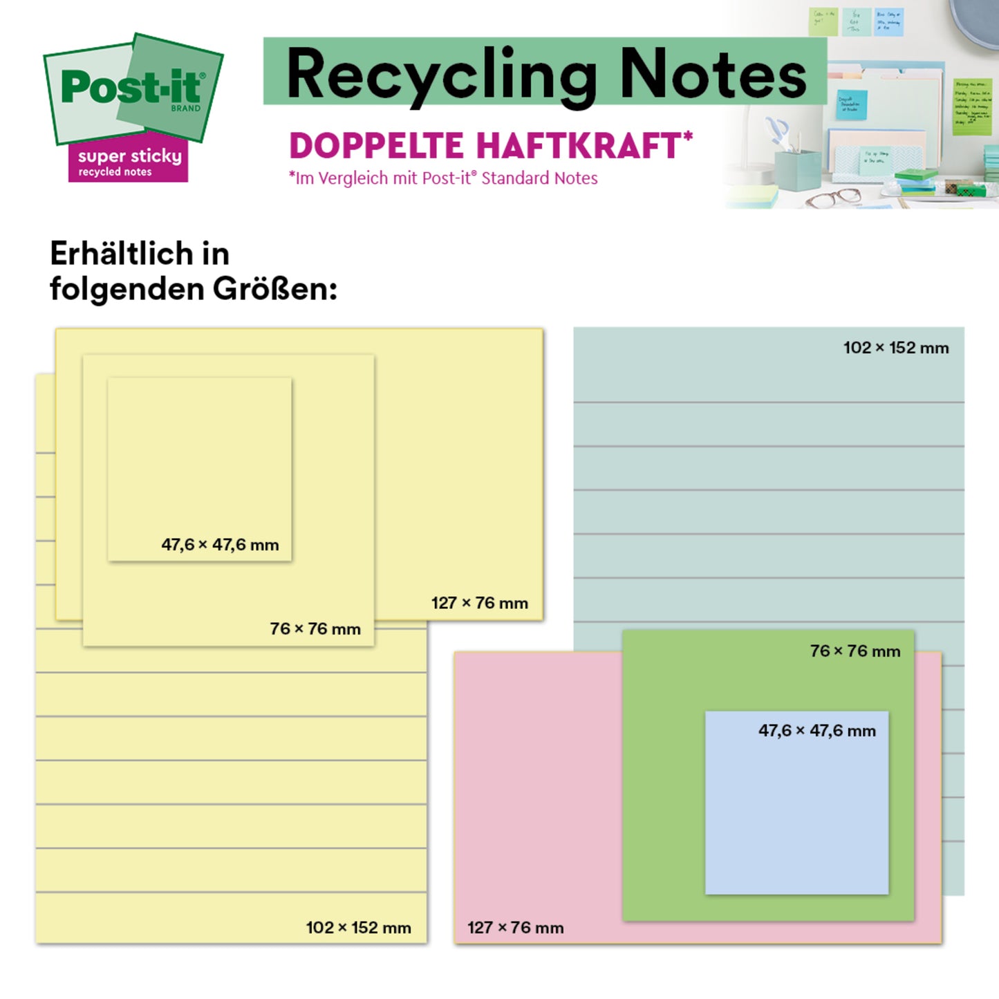 Ein Display mit 3M Deutschland GmbH Post-it® Super Sticky 100% Recycling Notes, 76x76 mm, 70 Blatt/Block, PEFC-zertifiziert, in den Farben pastellgelb, blau, rosa und grün mit deutschem Text und Maßangaben auf weißem Hintergrund.