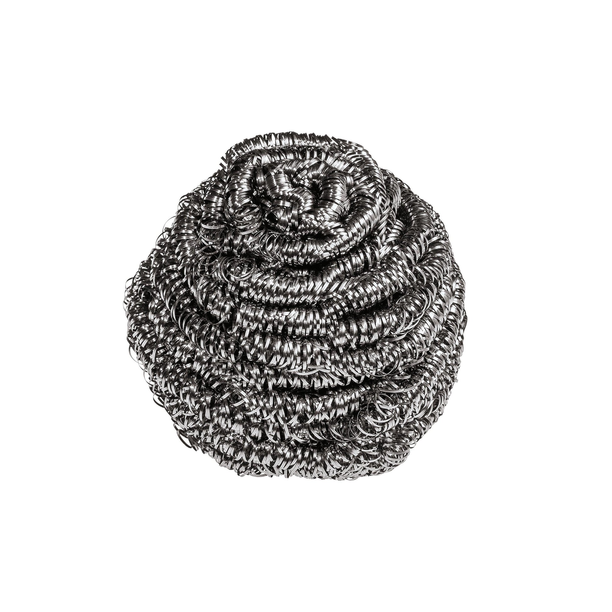 Eine Scotch-Brite® Edelstahl-Spirale von 3M Deutschland GmbH für die Reinigung von Töpfen und Pfannen ist vor weißem Hintergrund zu sehen. Die Packung enthält 3 Stück.