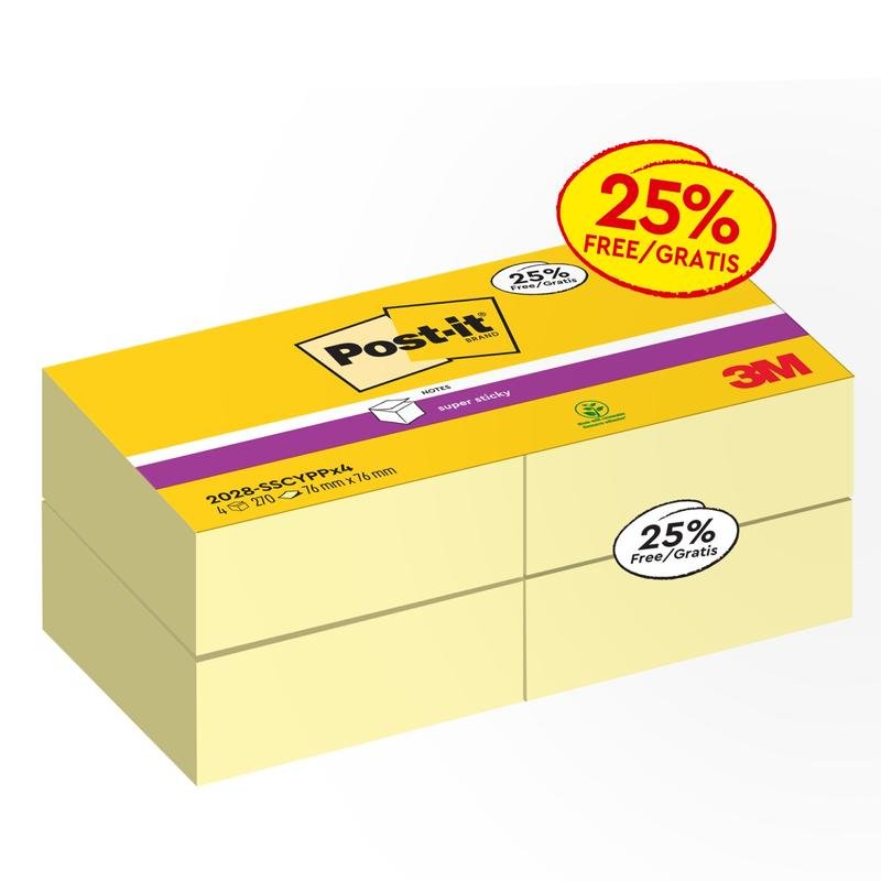 A pack of Post-it® Super Sticky Notes Cube, Yellow, 76 mm x 76 mm from 3M Deutschland GmbH is labeled with the sticker "25% Free/Gratis" and contains multiple stacks of light yellow sticky notes.