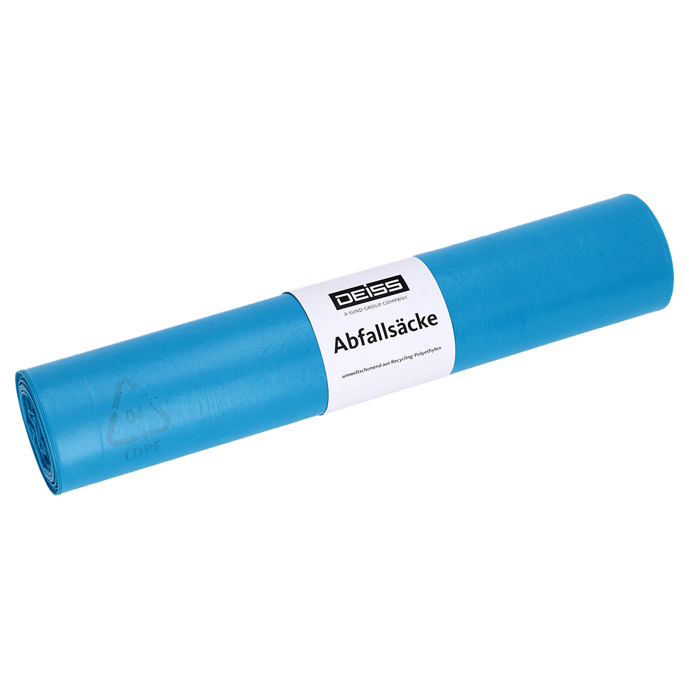 A roll of DEISS 20017 blue garbage bags (700x1100 mm, type 70, 25 pieces) from EMIL DEISS KG (GmbH + Co.), with a white-black "waste bags" label, ideal for professional waste disposal, on a white background.