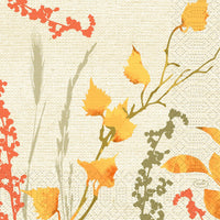 Ilustración botánica con plantas de color naranja, amarillo y verde sobre un fondo beige similar al de un lienzo. Ideal para las servilletas de 33 x 33, de tres capas, modelo «1/4 Fall Beauty» (50 unidades) de Duni GmbH, perfectas para una elegante decoración de mesa. La inscripción «Duni» aparece en la esquina inferior derecha.
