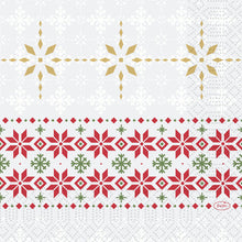 Gemusterte Servietten 33x33 3lagig 1/4 Tradition von Duni GmbH: goldene, rote und grüne geometrische Schneeflocken und Motive auf Weiß mit hellen Schneeflocken-Akzenten. Packung mit 250 Stück.