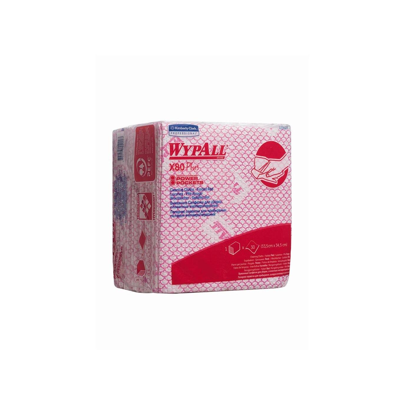 Eine rote Packung Kimberly-Clark GmbH WypAll® X80 Plus Critical Clean, viertelgefaltete Tücher (8 Beutel x 30 Blatt), für kritische Reinigungsaufgaben, mit sichtbarem Produktbranding und Beschreibung auf der Vorder- und Rückseite.